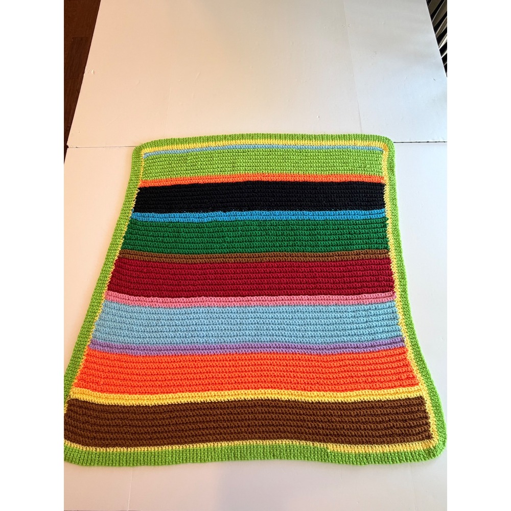 Handmade Crochet Baby Blanket Multi Color Striped Afghan Nursery Throw 34x31